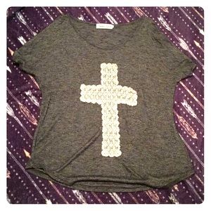 Knit shirt with lace cross detail